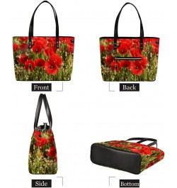 Red Poppy Flower Tote Bag Women Shoulder Handbags PU Leather Everyday Bag with External Pocket Large Capacity Aesthetic Cordu...