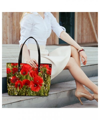 Red Poppy Flower Tote Bag Women Shoulder Handbags PU Leather Everyday Bag with External Pocket Large Capacity Aesthetic Cordu...