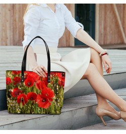 Red Poppy Flower Tote Bag Women Shoulder Handbags PU Leather Everyday Bag with External Pocket Large Capacity Aesthetic Cordu...