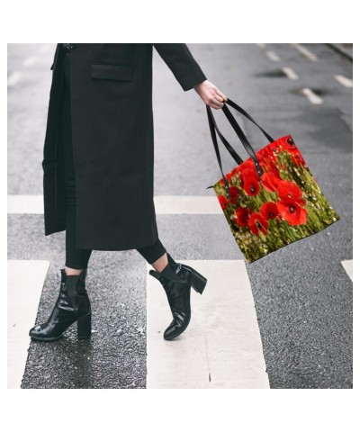 Red Poppy Flower Tote Bag Women Shoulder Handbags PU Leather Everyday Bag with External Pocket Large Capacity Aesthetic Cordu...