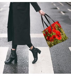 Red Poppy Flower Tote Bag Women Shoulder Handbags PU Leather Everyday Bag with External Pocket Large Capacity Aesthetic Cordu...