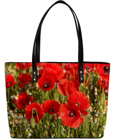 Red Poppy Flower Tote Bag Women Shoulder Handbags PU Leather Everyday Bag with External Pocket Large Capacity Aesthetic Cordu...