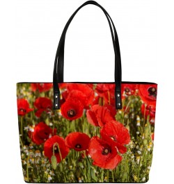 Red Poppy Flower Tote Bag Women Shoulder Handbags PU Leather Everyday Bag with External Pocket Large Capacity Aesthetic Cordu...