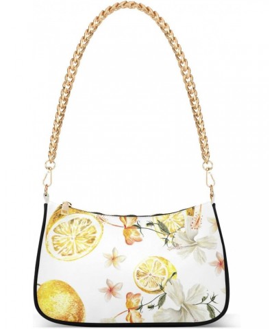 Watercolor Flowers Lemons Fashion Quilted Crossbody Bag for Women Shoulder Evening Purse with Gold Chain & Smooth Zipper Tote...