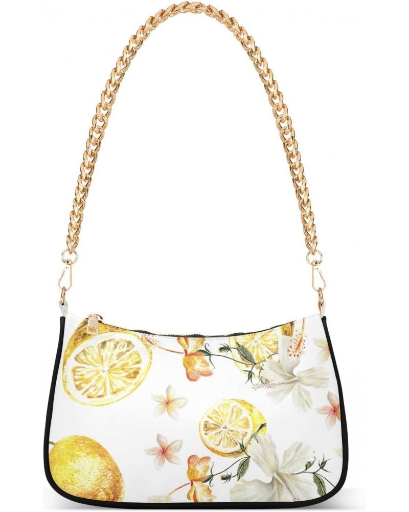 Watercolor Flowers Lemons Fashion Quilted Crossbody Bag for Women Shoulder Evening Purse with Gold Chain & Smooth Zipper Tote...