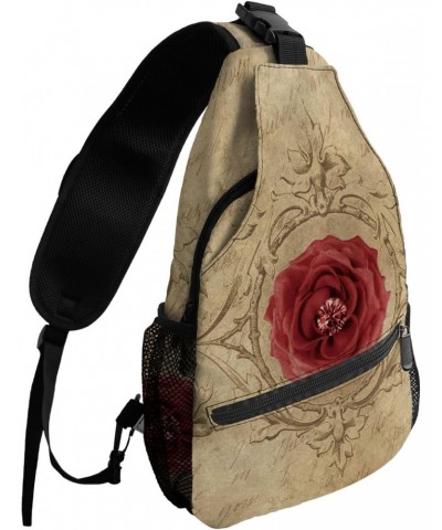 Sling Bag Crossbody Bag for Women Men Vintage Flower Ruby Text Background Waterproof Hiking Backpack Lightweight Chest Should...