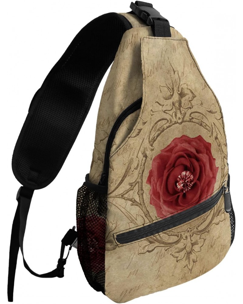 Sling Bag Crossbody Bag for Women Men Vintage Flower Ruby Text Background Waterproof Hiking Backpack Lightweight Chest Should...