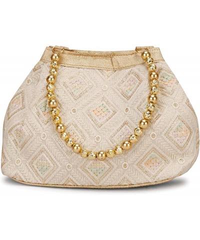 Indian Ethnic Designer Embroidered Silk Potli Bag Batwa Pearls Handle Purse Beige Multi Potli $9.45 Wristlets