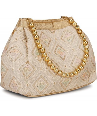 Indian Ethnic Designer Embroidered Silk Potli Bag Batwa Pearls Handle Purse Beige Multi Potli $9.45 Wristlets