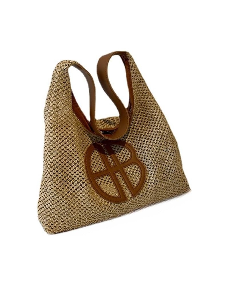 Large Capacity Bag for Women's Bag 2023 Summer Simple Straw Woven Bag Underarm Bag Shoulder Bag Khaki+brown $17.10 Shoulder Bags