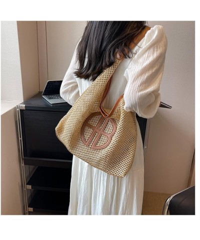 Large Capacity Bag for Women's Bag 2023 Summer Simple Straw Woven Bag Underarm Bag Shoulder Bag Khaki+brown $17.10 Shoulder Bags