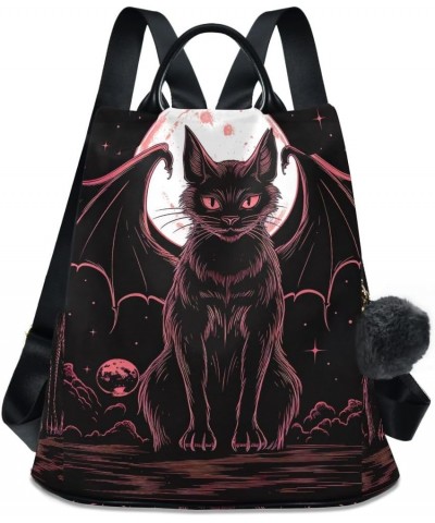 Black Cat with Wings Rucksack Backpack for Women Anti Theft Back Zipper Pocket Design Travel Bag with Pompom Black Cat With W...