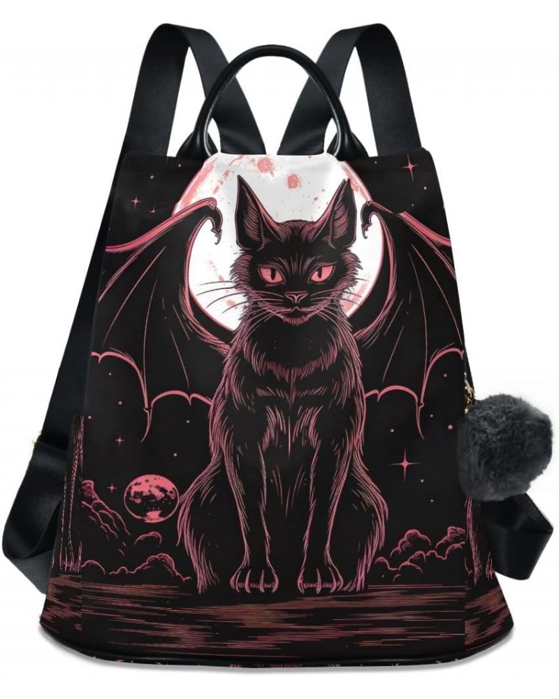 Black Cat with Wings Rucksack Backpack for Women Anti Theft Back Zipper Pocket Design Travel Bag with Pompom Black Cat With W...