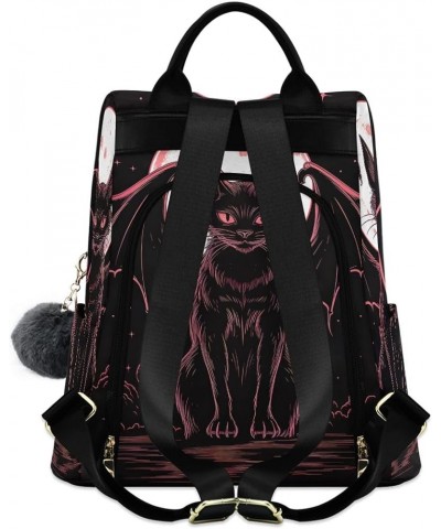 Black Cat with Wings Rucksack Backpack for Women Anti Theft Back Zipper Pocket Design Travel Bag with Pompom Black Cat With W...