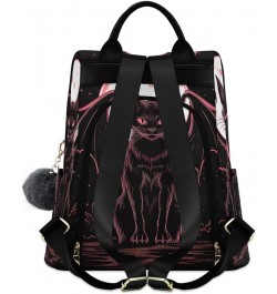 Black Cat with Wings Rucksack Backpack for Women Anti Theft Back Zipper Pocket Design Travel Bag with Pompom Black Cat With W...