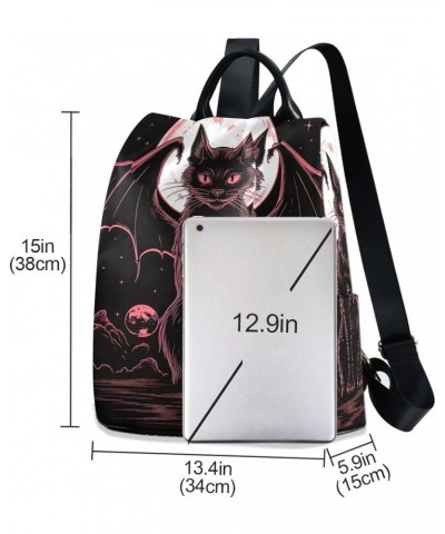 Black Cat with Wings Rucksack Backpack for Women Anti Theft Back Zipper Pocket Design Travel Bag with Pompom Black Cat With W...