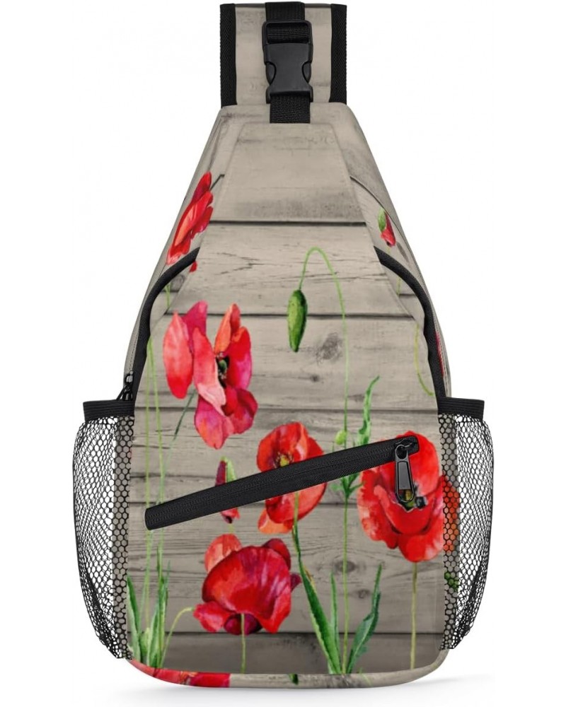 Red Poppy Flower Sling Crossbody Bag for Women Men, Sling Backpack Travel Hiking Casual Daypack Chest Bag Purse Shoulder Bag ...