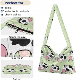 Cartoon Cute Cows Furry Tote Bag for Women Crossbody Bag Shoulder Purse Handbag Satchel Handbag with Zipper for Autumn Winter...