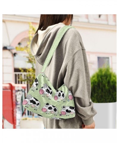 Cartoon Cute Cows Furry Tote Bag for Women Crossbody Bag Shoulder Purse Handbag Satchel Handbag with Zipper for Autumn Winter...