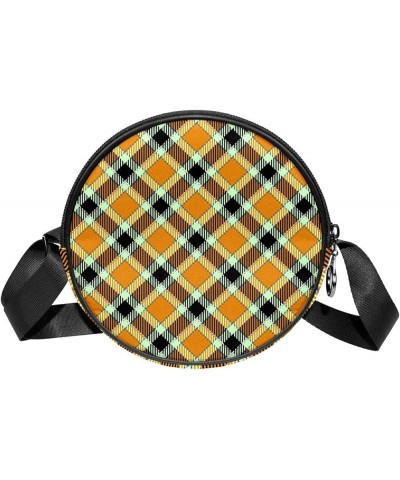 Orange Black Coffee Plaid Pattern Crossbody Bag for Women Teen Girls Round Canvas Shoulder Bag Purse Tote Handbag Bag Multi01...