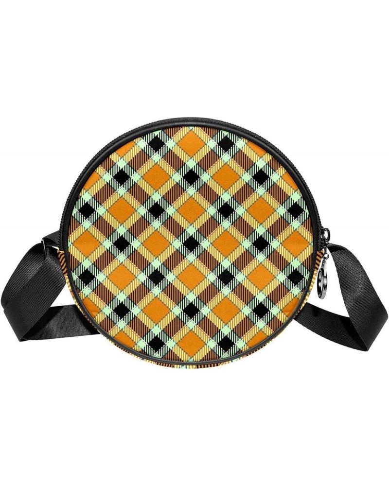 Orange Black Coffee Plaid Pattern Crossbody Bag for Women Teen Girls Round Canvas Shoulder Bag Purse Tote Handbag Bag Multi01...