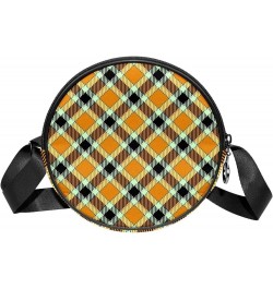 Orange Black Coffee Plaid Pattern Crossbody Bag for Women Teen Girls Round Canvas Shoulder Bag Purse Tote Handbag Bag Multi01...