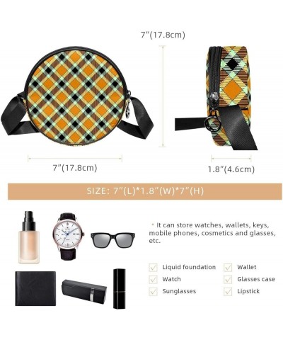 Orange Black Coffee Plaid Pattern Crossbody Bag for Women Teen Girls Round Canvas Shoulder Bag Purse Tote Handbag Bag Multi01...