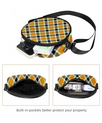 Orange Black Coffee Plaid Pattern Crossbody Bag for Women Teen Girls Round Canvas Shoulder Bag Purse Tote Handbag Bag Multi01...