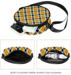 Orange Black Coffee Plaid Pattern Crossbody Bag for Women Teen Girls Round Canvas Shoulder Bag Purse Tote Handbag Bag Multi01...