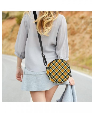 Orange Black Coffee Plaid Pattern Crossbody Bag for Women Teen Girls Round Canvas Shoulder Bag Purse Tote Handbag Bag Multi01...