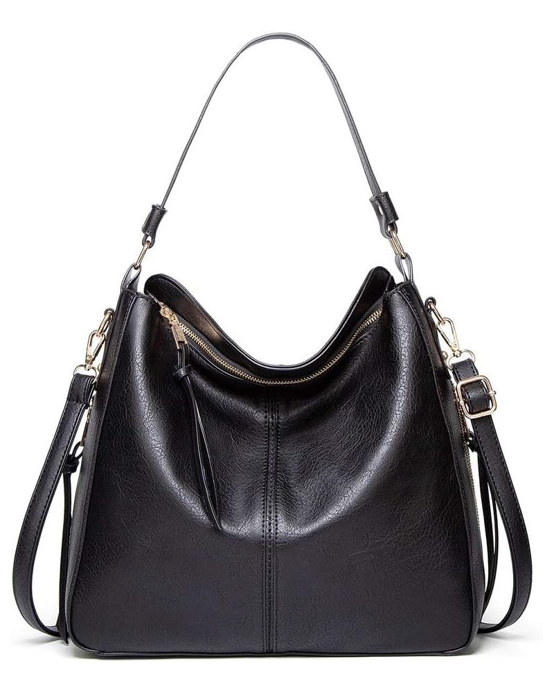 Women's Fashion Retro Soft Leather Large Capacity Zipper Shoulder Shopping Bag Black $29.20 Shoulder Bags