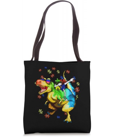 Autism Awareness Boys Graphic Dinosaur Plus Dabbing Puzzle Tote Bag $12.80 Totes