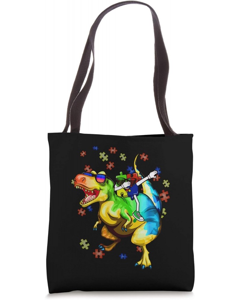 Autism Awareness Boys Graphic Dinosaur Plus Dabbing Puzzle Tote Bag $12.80 Totes