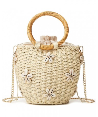 Summer Straw Bag for Women Pearl Flower Bucket Tote Bag Diamond Handbag Hand Woven Rattan Shell Purse Drawstring B-beige $29....