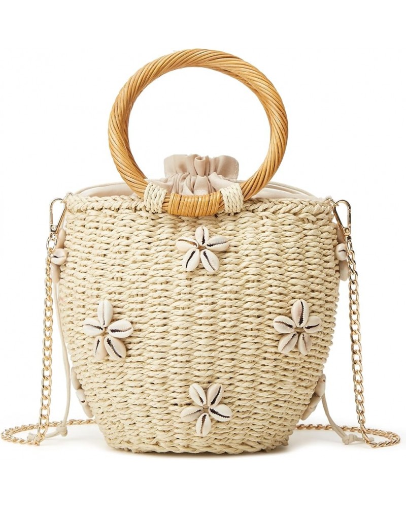 Summer Straw Bag for Women Pearl Flower Bucket Tote Bag Diamond Handbag Hand Woven Rattan Shell Purse Drawstring B-beige $29....