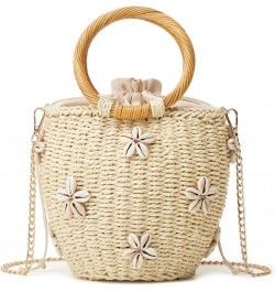 Summer Straw Bag for Women Pearl Flower Bucket Tote Bag Diamond Handbag Hand Woven Rattan Shell Purse Drawstring B-beige $29....