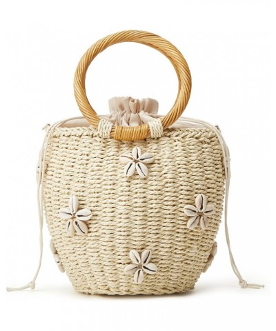 Summer Straw Bag for Women Pearl Flower Bucket Tote Bag Diamond Handbag Hand Woven Rattan Shell Purse Drawstring B-beige $29....