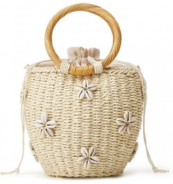 Summer Straw Bag for Women Pearl Flower Bucket Tote Bag Diamond Handbag Hand Woven Rattan Shell Purse Drawstring B-beige $29....