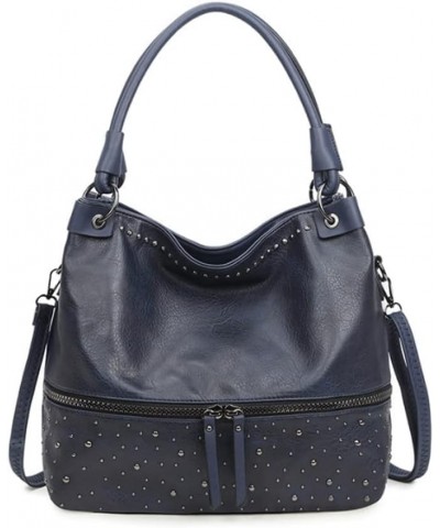 Women Hobo Zipper Shoulder Bag Satchel Faux Leather Tote Retro Rivet Purse Top-handle Handbag Dark Blue $42.50 Totes