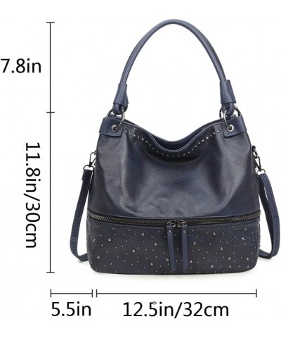 Women Hobo Zipper Shoulder Bag Satchel Faux Leather Tote Retro Rivet Purse Top-handle Handbag Dark Blue $42.50 Totes