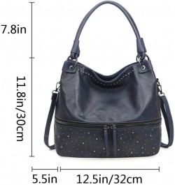 Women Hobo Zipper Shoulder Bag Satchel Faux Leather Tote Retro Rivet Purse Top-handle Handbag Dark Blue $42.50 Totes