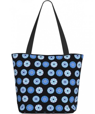 Women Shoulder Bag Evil-Eye-Blue-Black Foldable Tote Bag With Zipper Closure Casual Shopping Purse Daily Bag $12.89 Totes