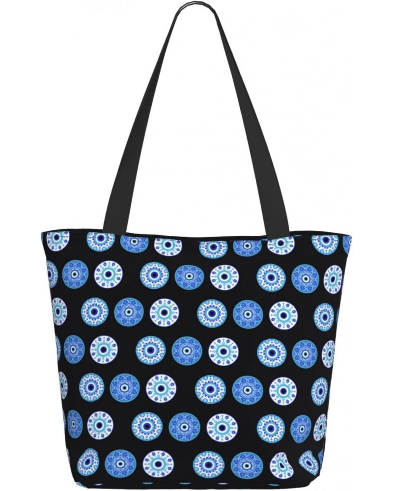 Women Shoulder Bag Evil-Eye-Blue-Black Foldable Tote Bag With Zipper Closure Casual Shopping Purse Daily Bag $12.89 Totes