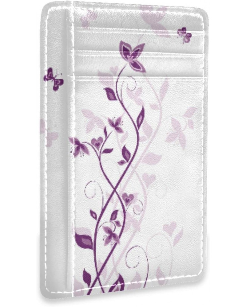 Abstract Purple Flowers Slim Minimalist Wallet Rfid Blocking Card Wallets PU Leather Front Pocket Wallets $9.17 Wallets