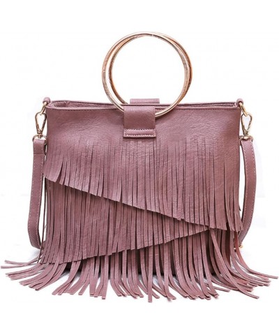 Women Round Handle Crossbody Bag Purse Tassels Shoulder Bags Faux Leather Handbag Satchel Black Dark Pink $27.26 Totes