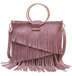 Women Round Handle Crossbody Bag Purse Tassels Shoulder Bags Faux Leather Handbag Satchel Black Dark Pink $27.26 Totes