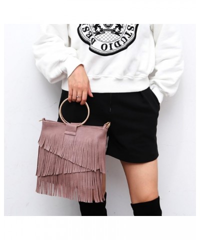 Women Round Handle Crossbody Bag Purse Tassels Shoulder Bags Faux Leather Handbag Satchel Black Dark Pink $27.26 Totes