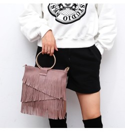 Women Round Handle Crossbody Bag Purse Tassels Shoulder Bags Faux Leather Handbag Satchel Black Dark Pink $27.26 Totes