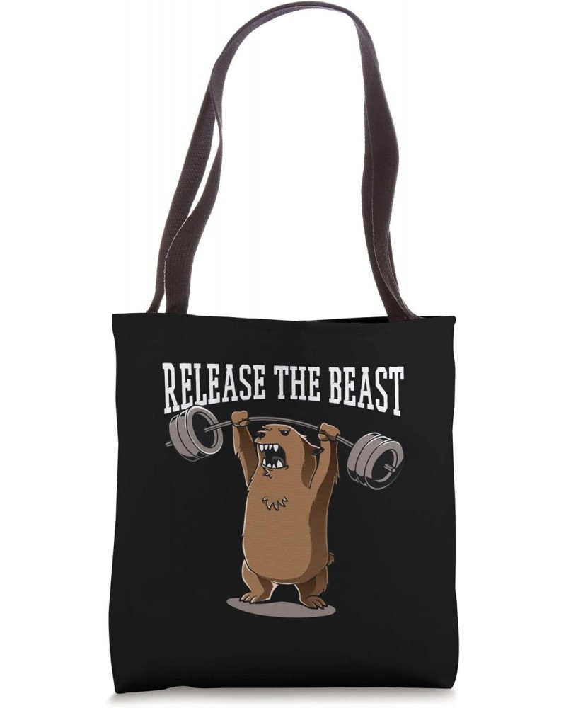 Release The Beast Gym Workout Grizzly Bear Bodybuilder Tote Bag $12.97 Totes