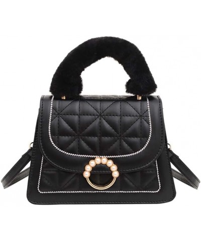 Diamond Check handbag Women's plush handbag Versatile niche one shoulder small square bag Black $10.02 Handbags